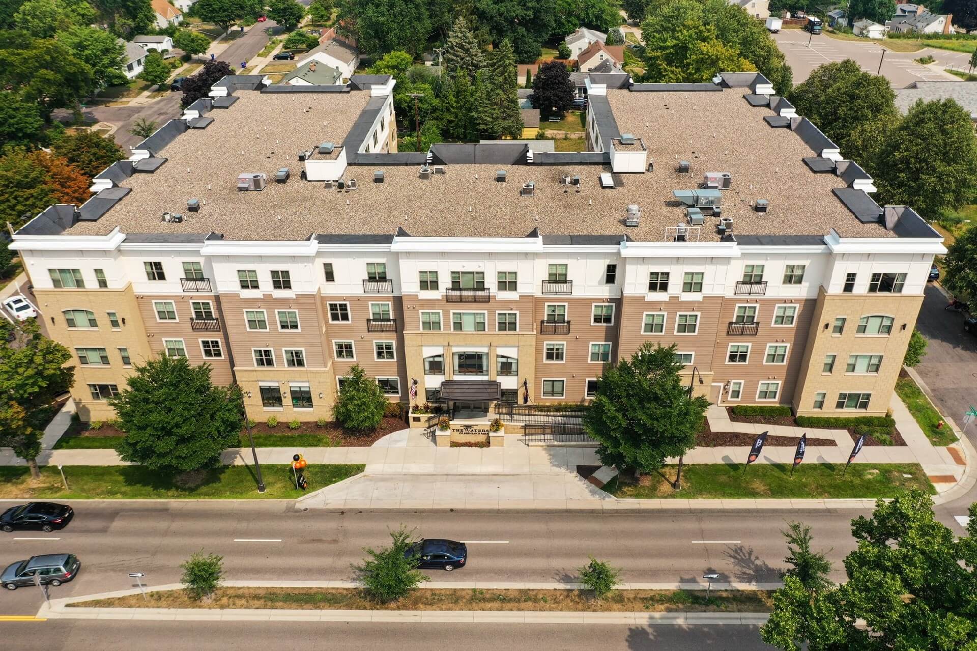 an aerial shot of the highland park building
