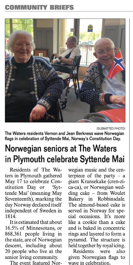 norweigen seniors at The Waters in Plymouth celebrate syttende mai