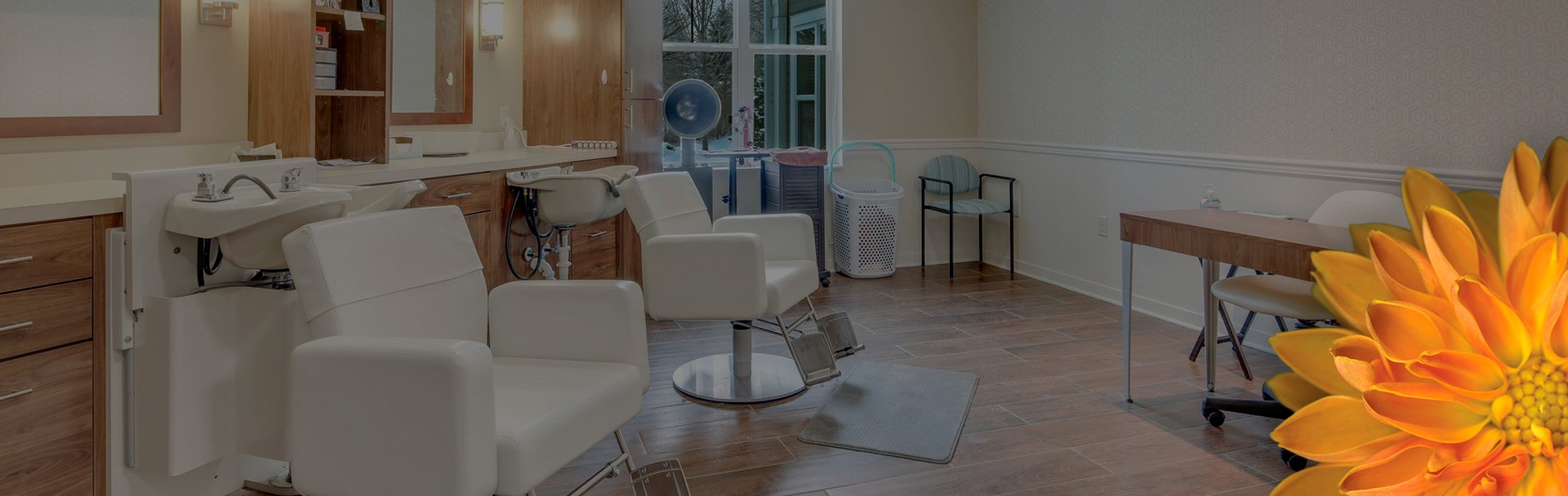 Salon setting with chairs, sinks, countertops, mirrors on the wall, and a window in the back.