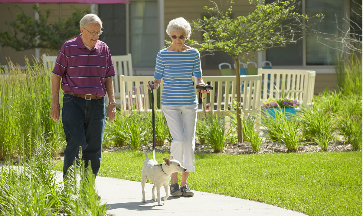 The Waters of Plymouth Senior Living Walking a Dog on Path