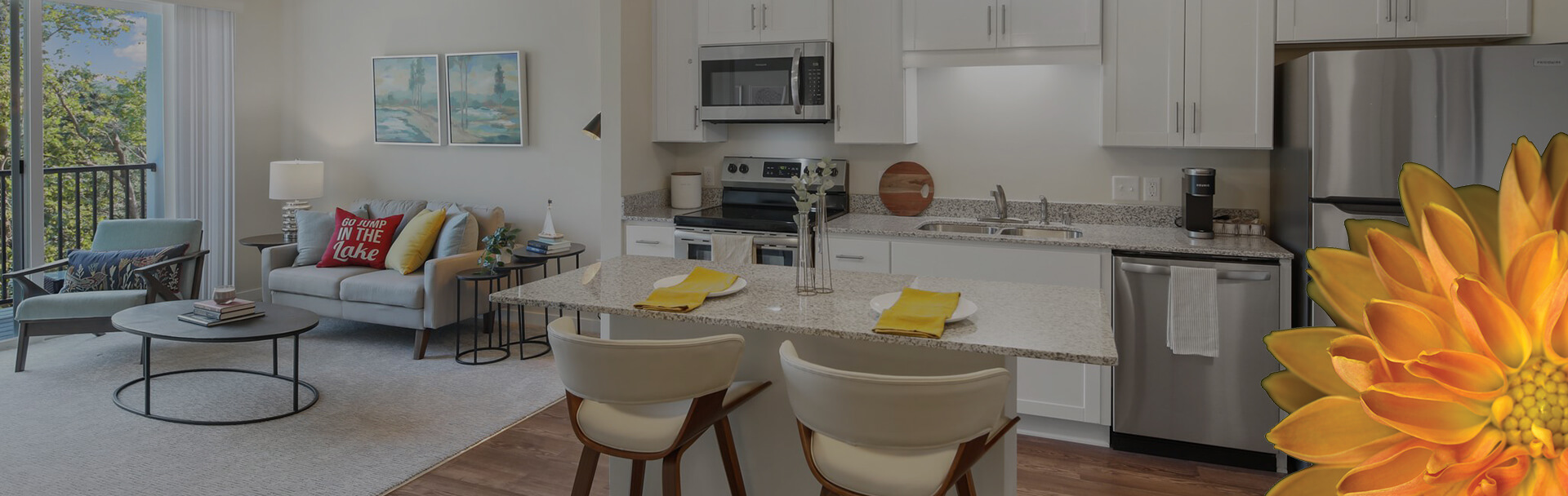 an apartment dining area, kitchen and living room