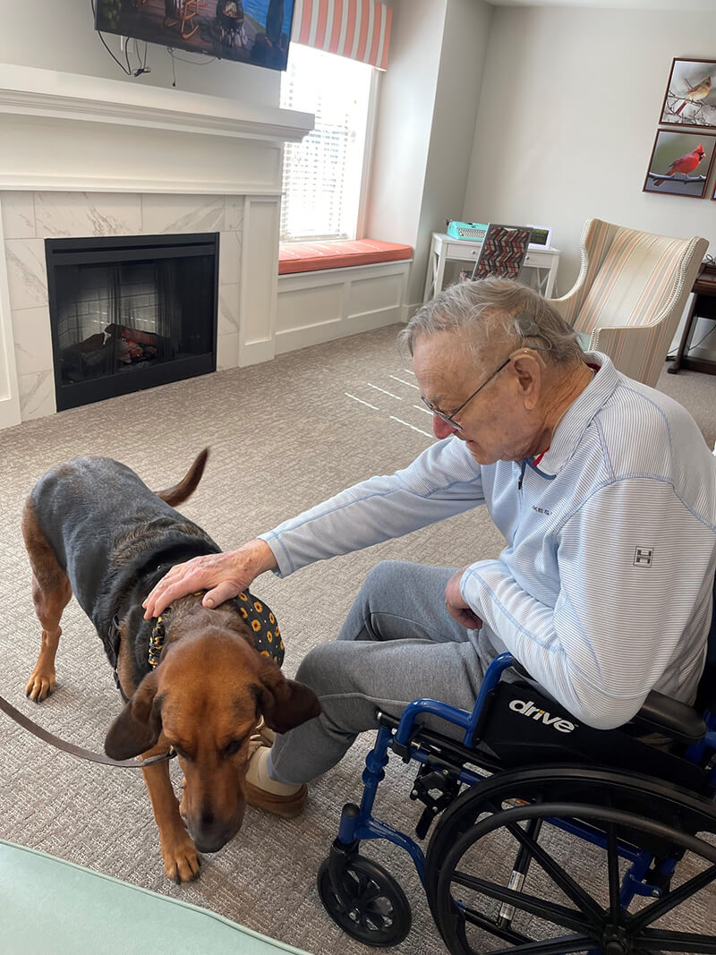 Senior resident enjoying pet therapy with a dog at The Waters of Oak Creek.