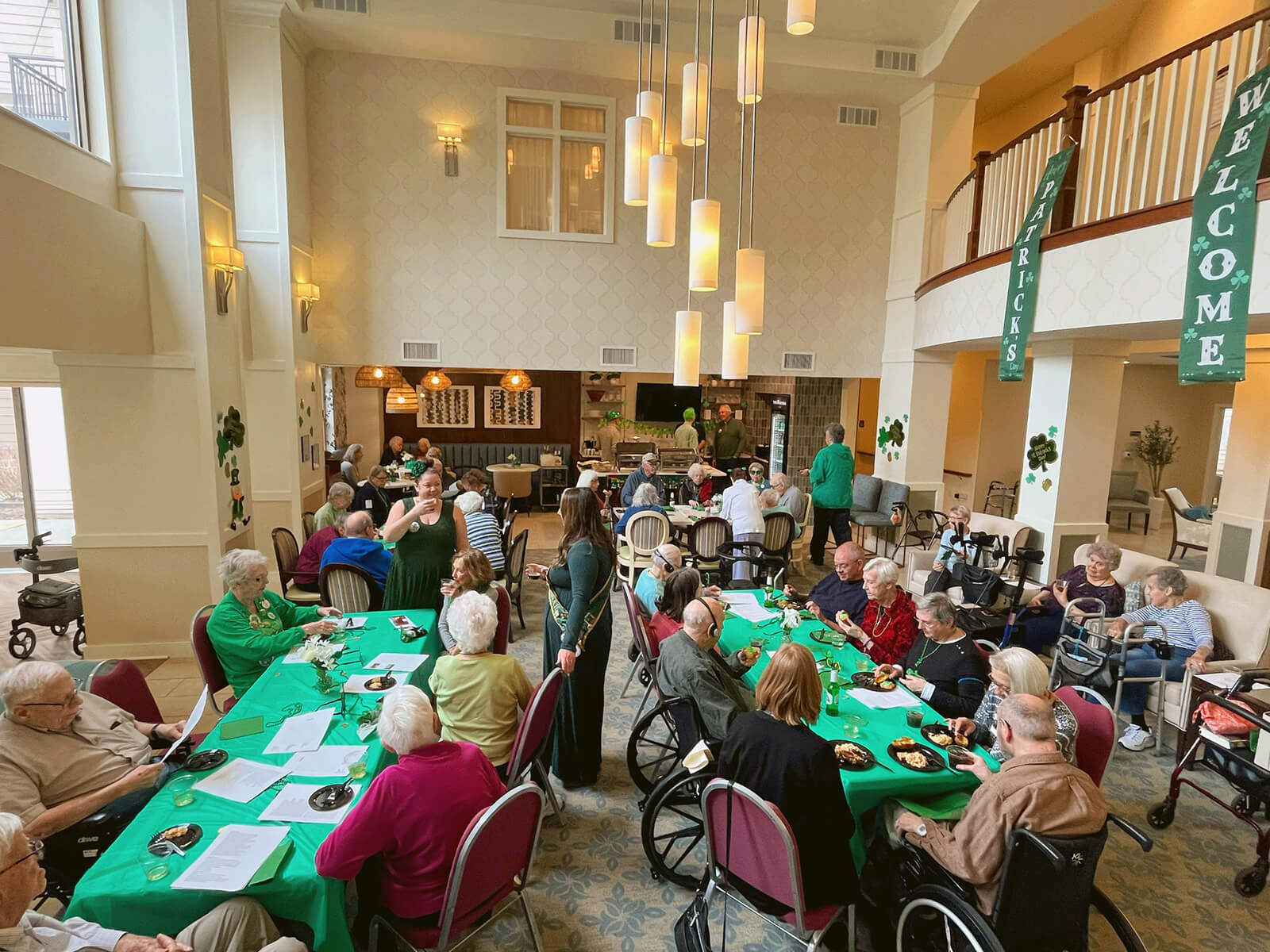 Seniors celebrating St. Patrick’s Day at The Waters of Highland Park.