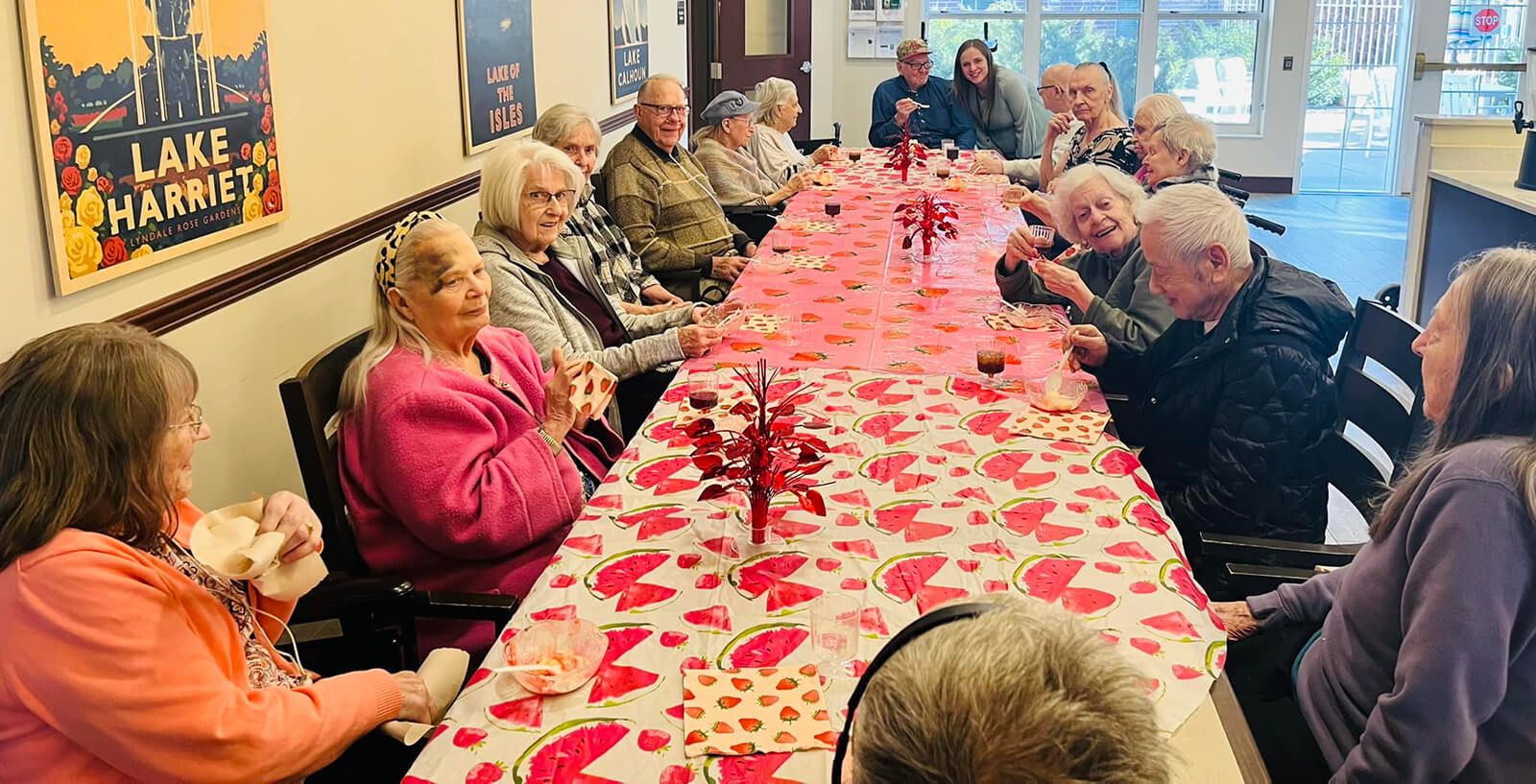 Seniors enjoying a Valentine's Day event at The Waters of Eden Prairie.